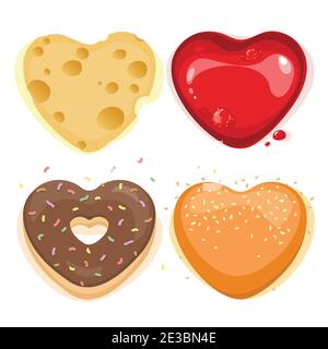 Vector Set von herzförmigen Brötchen, herzförmige Marmelade mit einem Tropfen, Donut in Schokolade, Sesambrötchen, herzförmigen Käse, köstliche Set für valentine`s Stock Vektor